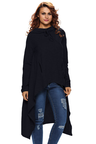 Navy Blue Plain Drawstring Irregular Oversize Hoodie