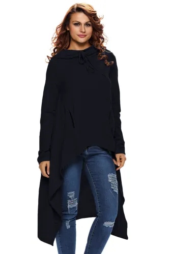 Navy Blue Plain Drawstring Irregular Oversize Hoodie