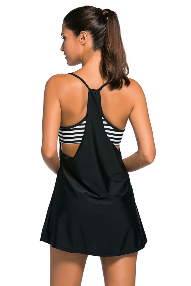 Black Flowing Swim Dress Layered 1pc Tankini Top