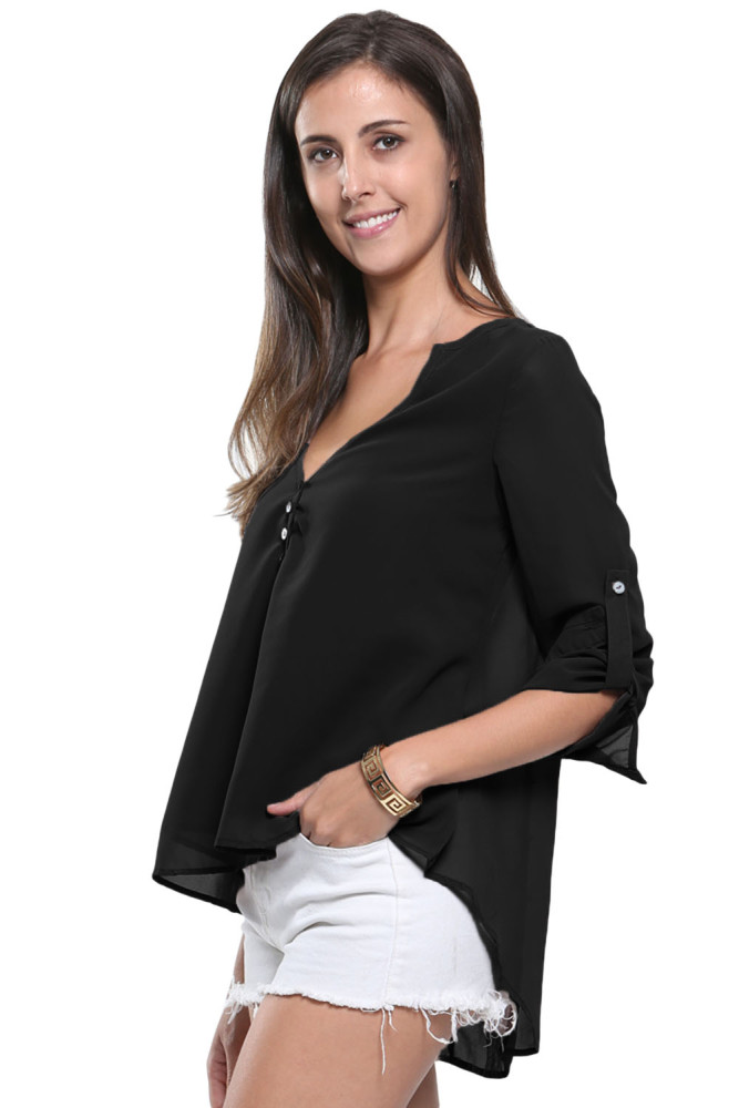 Black V-Neck Button Detail Dip Back Blouse Top