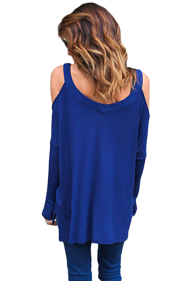 Blue Long Sleeve Relaxed Fit Cold Shoulder Top