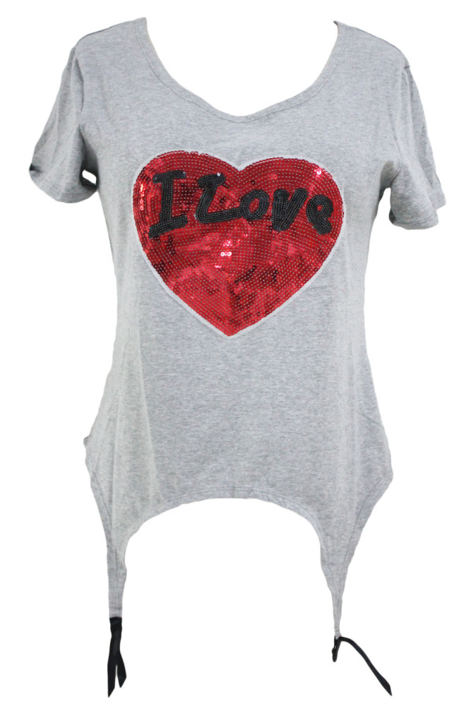 Stunning Sequined Heart Grey Garter T-shirt