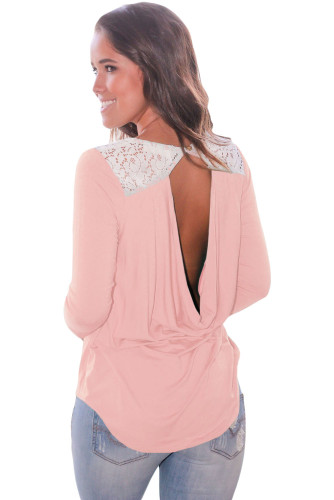 Pink Lace Shoulder Low Cut Back Top