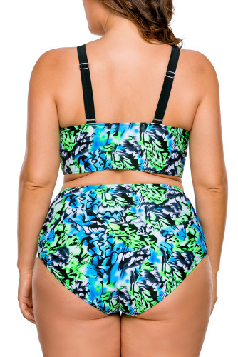 Plus Size Blue Green Print High Waist Bikini Swimsuit