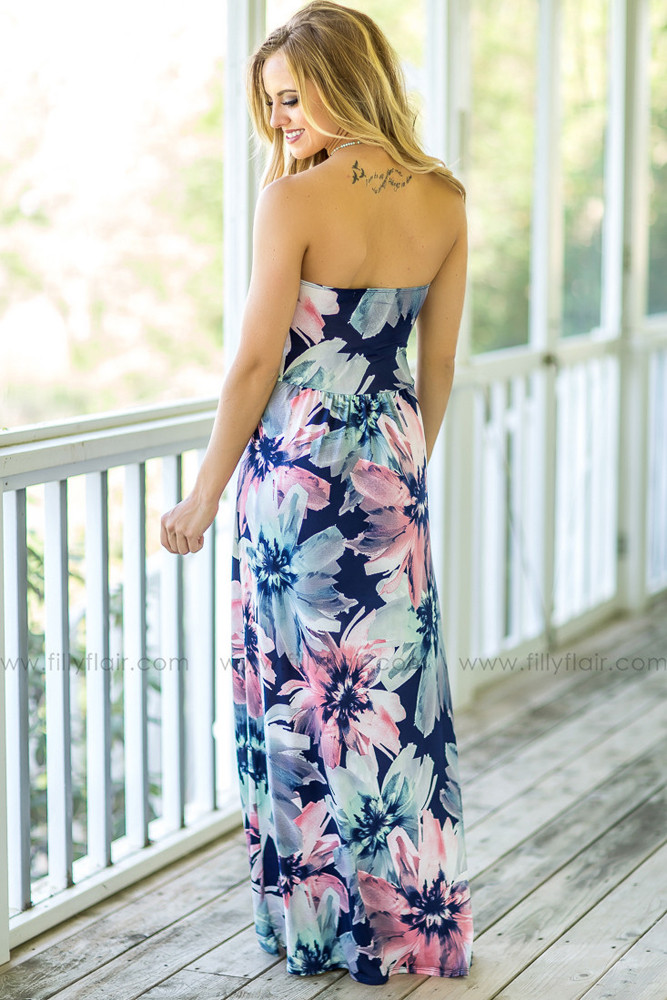 Big Summer Flower Strapless Maxi Dress with Pockets