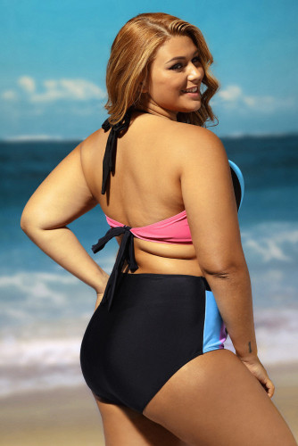 Plus Size Strapped Color Splice Two Piece Swimwear