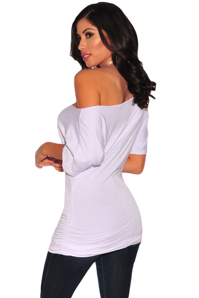 White Half Sleeves Ruched Tunic Top
