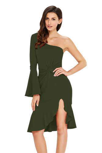 Green Twist and Ruffle Accent One Shoulder Prom Dress