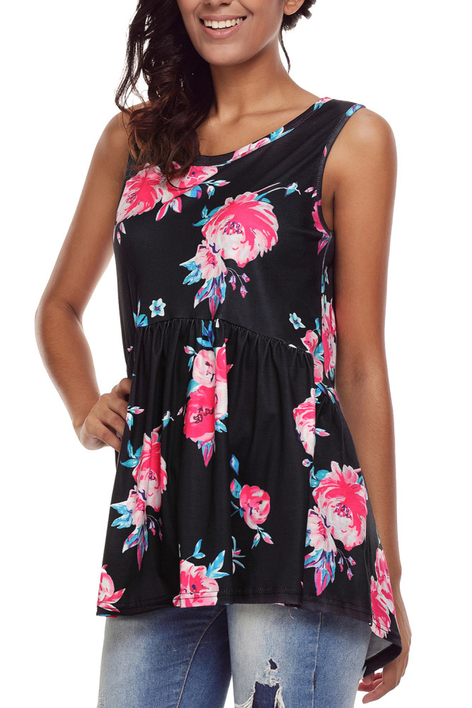 Black Blooms Floral Print Sleeveless Babydoll Tank