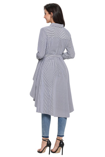 Gray Striped Lapel Shirt High Low Belted Blouse Top