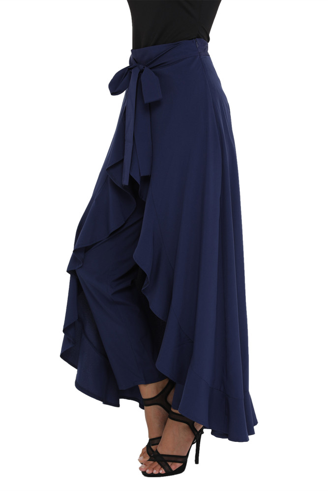 Navy Chiffon Tie-Waist Ruffle Palazzo Pants