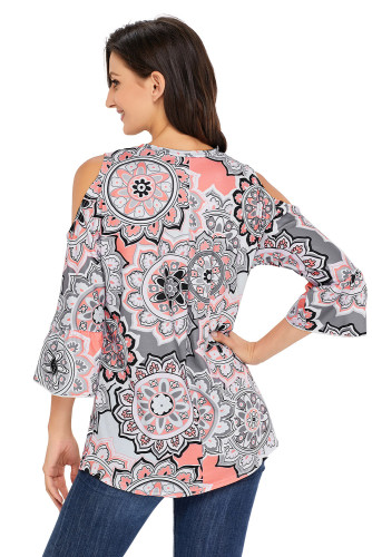 Gray Cold Shoulder Criss Cross Floral Blouse