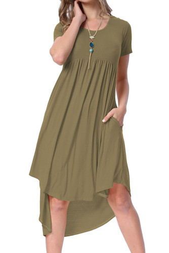 Army Green Short Sleeve High Low Pleated Casual Swing Dress