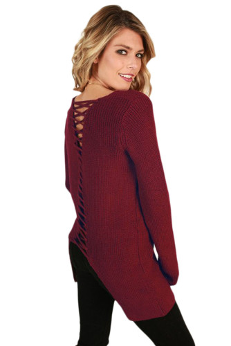 Red Never Look Back Lace Up Sweater