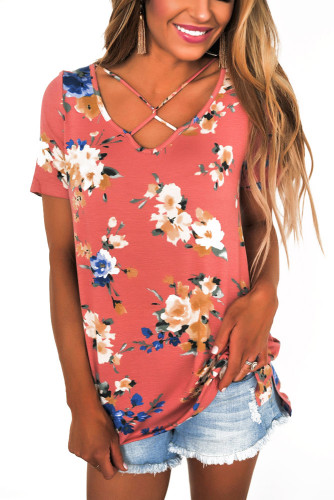 Pink Floral Print Crisscross V Neck Casual Shirt