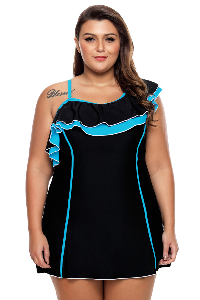 Black Blue Ruffle 1pc Swim Dress with Shorts