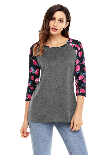 Floral Print Raglan Sleeve Dark Gray Top