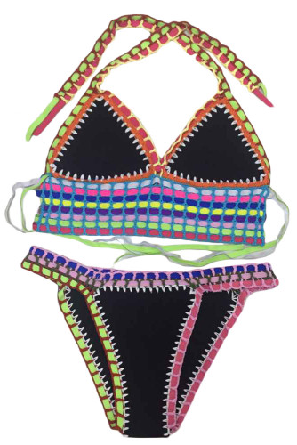 Multicolor Tie Up Crochet Black Neoprene Bikini Swimsuit