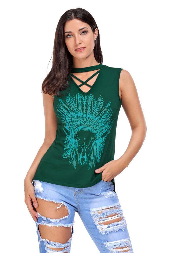 Green Crisscross V Neck Printed Sleeveless Choker Tank Tops