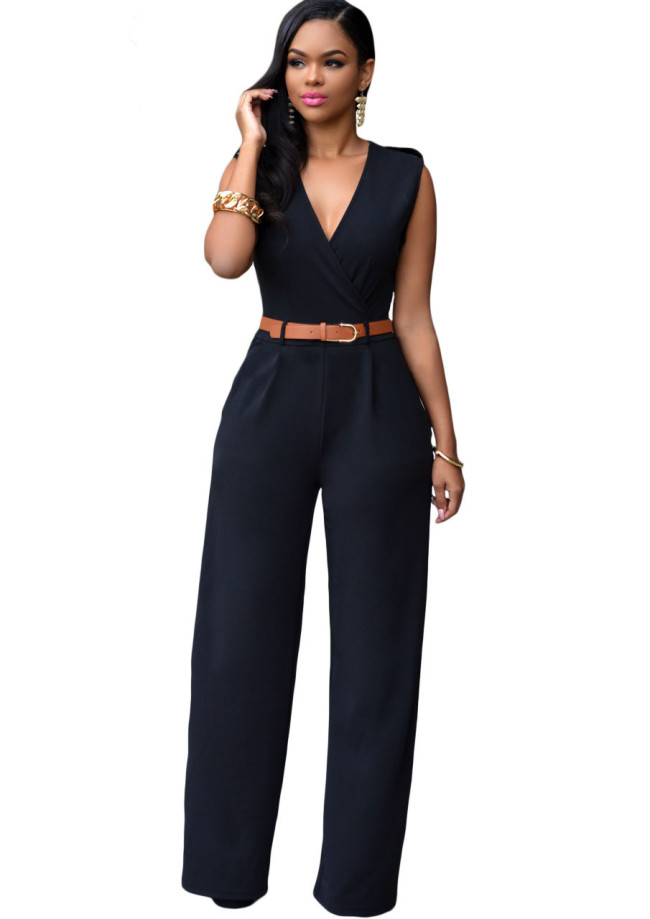 Black V Neck Belt Embellished Jumpsuit
