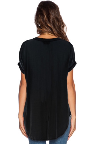 Black V Neck Short Sleeve Oversize Chiffon Blouse