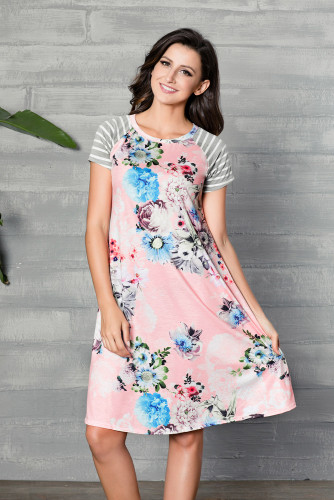 Pink Backdrop Floral Print A-line Loose T-shirt Dress