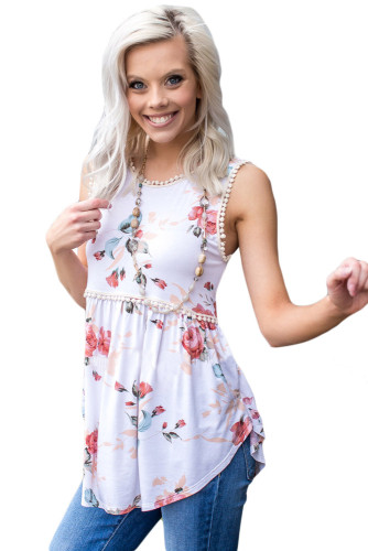 White Floral Pompom Lace Trim Flowy Tank Top