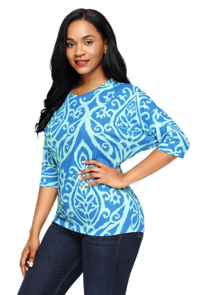 Royal Blue Aqua Damask Print Half Sleeve Top