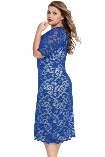 Blue Plus Size V-Neck Half Sleeve Lace Midi Dress