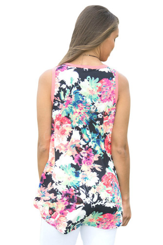 Pink Front Floral Print Back High-low Hem Tank