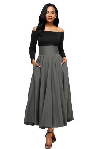 Gray Retro High Waist Pleated Belted Maxi Skirt