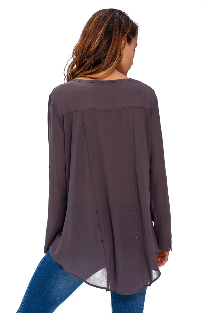 Grey V-Neck Button Detail Dip Back Blouse Top
