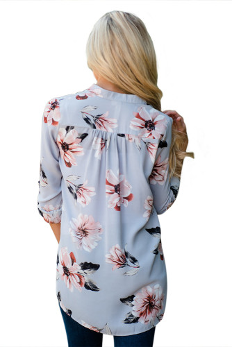 Grey Floral Print High Low Chiffon Blouse