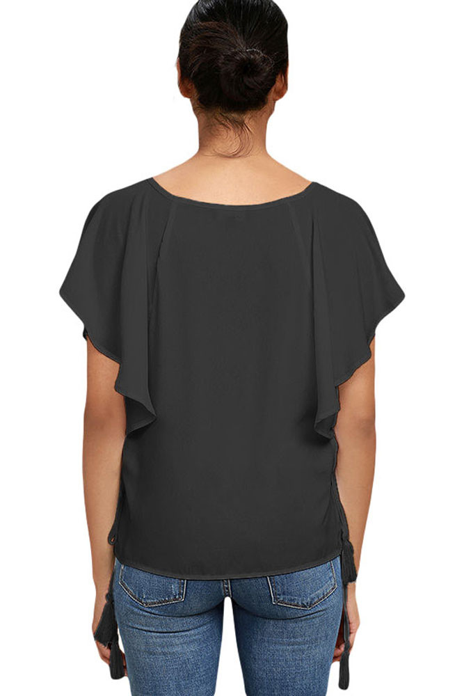 Black Butterfly Sleeve Top with Tasseled Ties