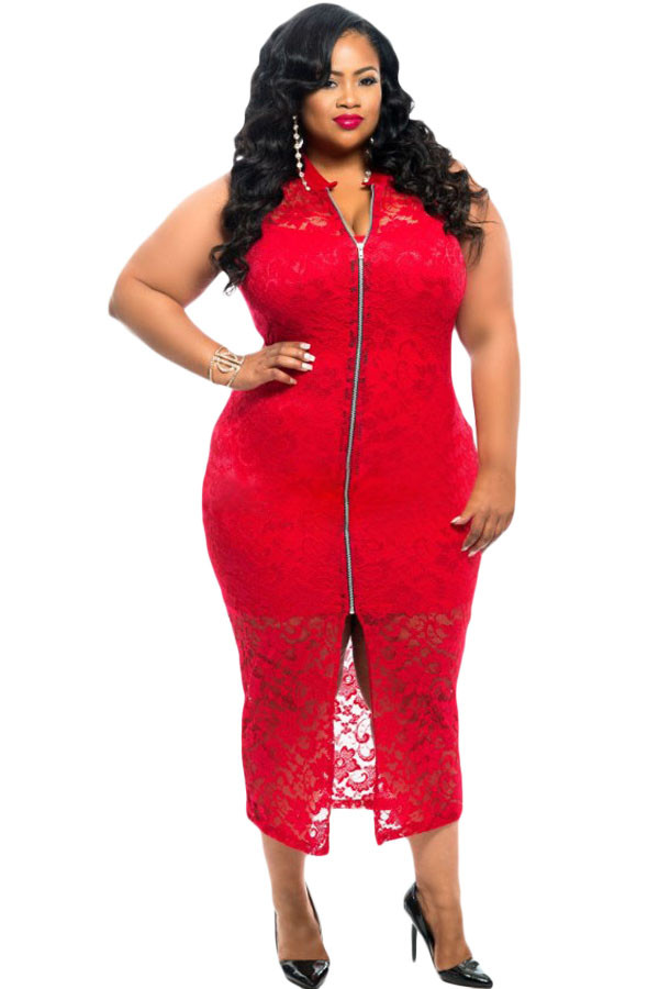 Plus Size Sleeveless Lace Zipper Front Dress in Red