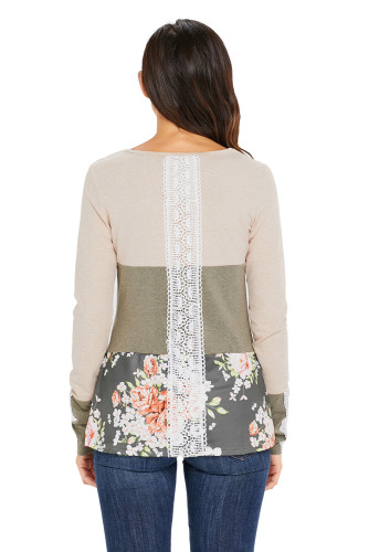Oatmeal Color Block Floral Patchwork Long Sleeve Blouse Top