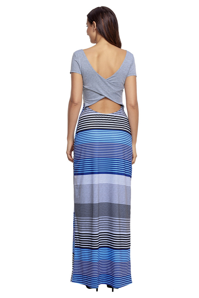 Gray Crisscross Back Muliticolor Maxi Dress