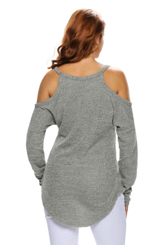 Gray Cold Shoulder Knit Long Sleeves Sweater