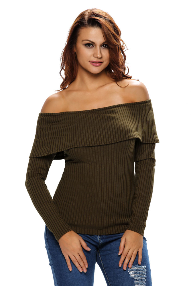 Olive Knit Off Shoulder Ribbed Long Sleeves Top