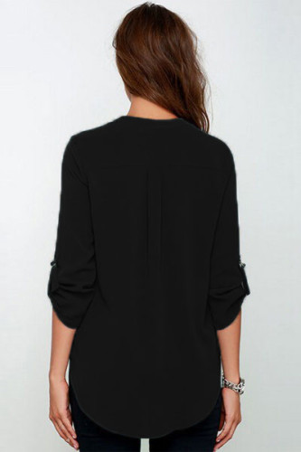 Black V Neck Loose Fitting Chiffon Blouse