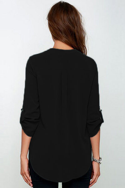 Black V Neck Loose Fitting Chiffon Blouse