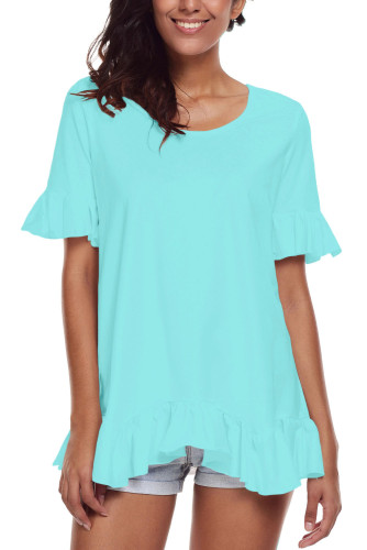 Turquoise Ruffle Trim Short Sleeve Flowy Top