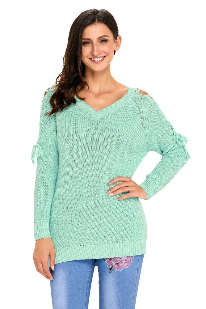 Mint Lace up Shoulder Loose Fit Sweater Top