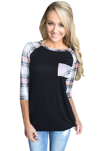 Light Plaid Raglan Sleeve Black Top
