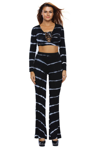 Black Tie Dye Print Sexy Two Piece Pant Set