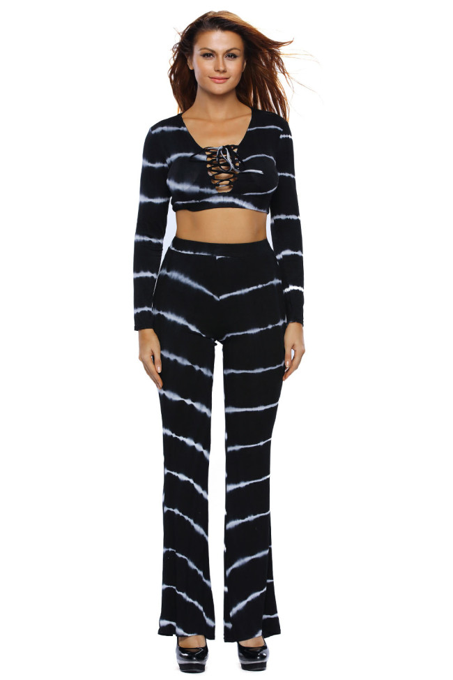 Black Tie Dye Print Sexy Two Piece Pant Set