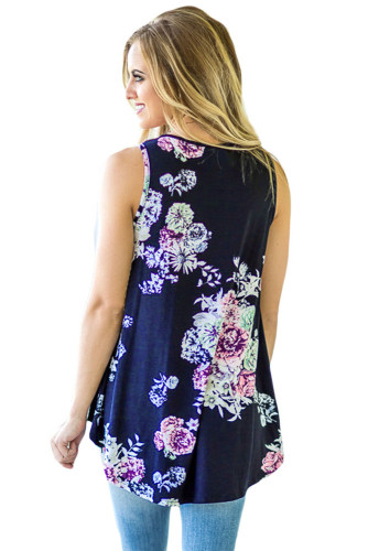 Navy Blue Floral Print High Neck Tank Top