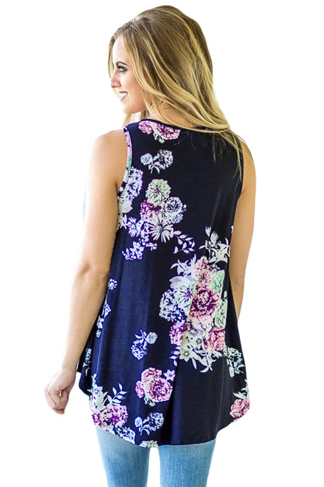 Navy Blue Floral Print High Neck Tank Top