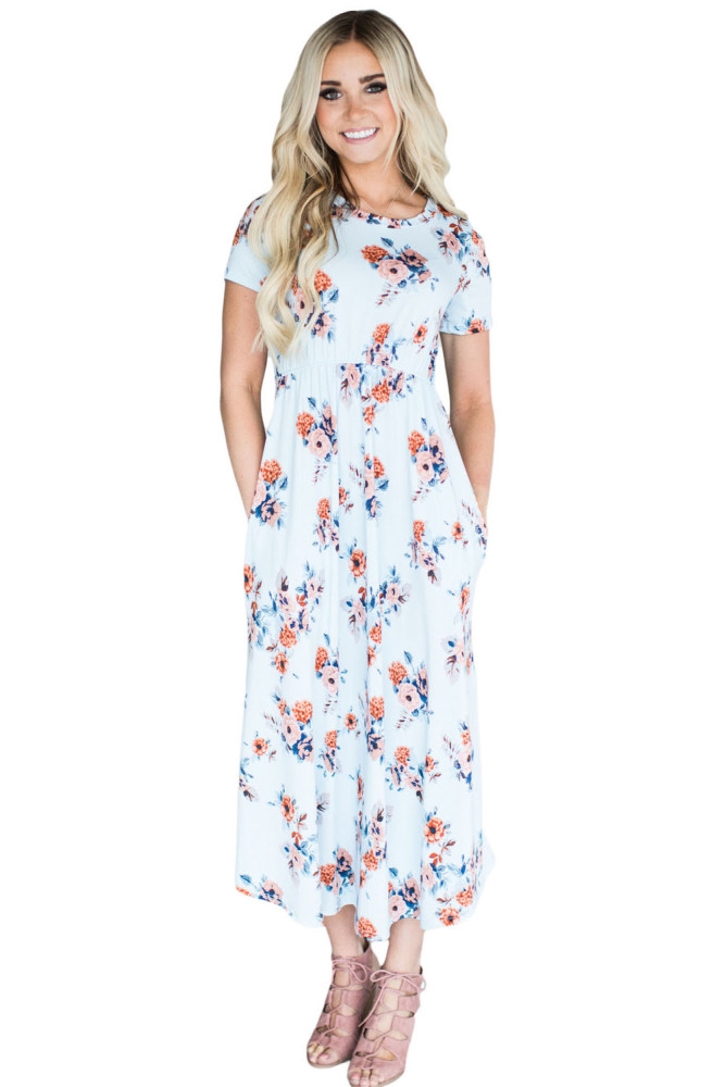 Casual Pocket Design Light Blue Floral Dress