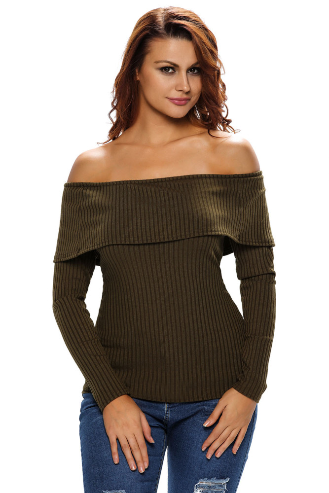 Olive Knit Off Shoulder Ribbed Long Sleeves Top